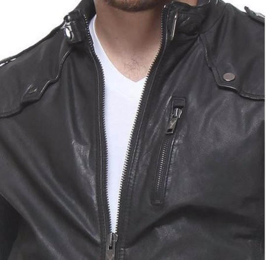 Men’s Leather Jacket with Ribbed Sleeve Cuffs and Buckle Collar – The ...