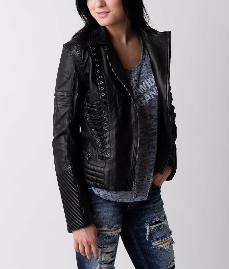 Stylish Women's Laced Leather Jacket with Detachable Sleeves