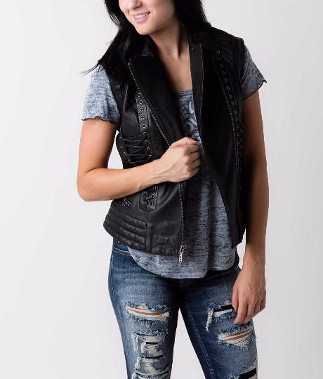 Stylish Women's Laced Leather Jacket with Detachable Sleeves - Image 2