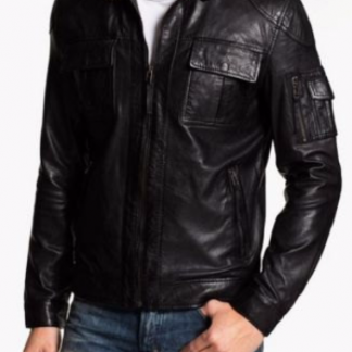 Men's Leather Jacket with a pocket on sleeve