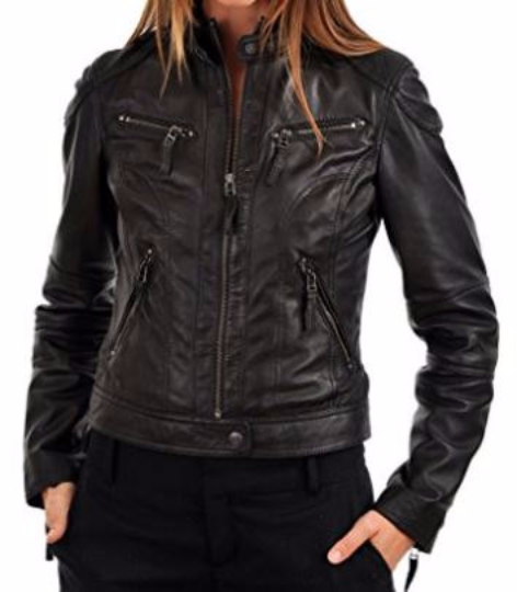 Ladies Biker Jacket with Double Snap Button Collar