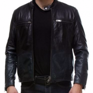 Men's Leather Jacket With Snap Button Collar