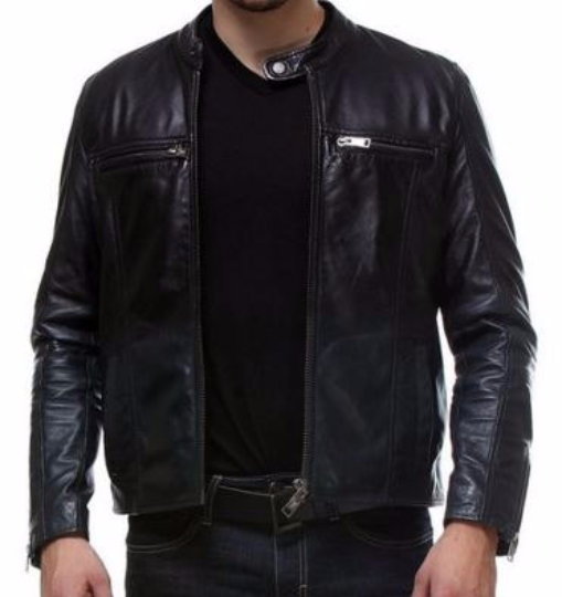Men's Leather Jacket With Snap Button Collar