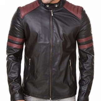 Men's Leather Jacket with Double Snap Button Collar