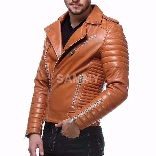 Men’s Leather Jacket with Zippers on Sleeves and Shoulder Epaulets ...