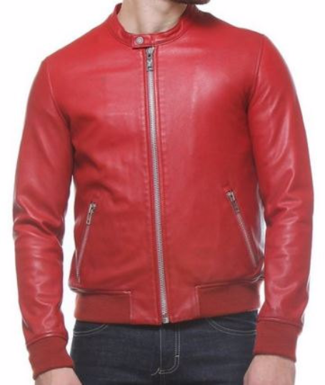 Leather Jacket with Snap Collar and Ribbed Sleeve Cuffs